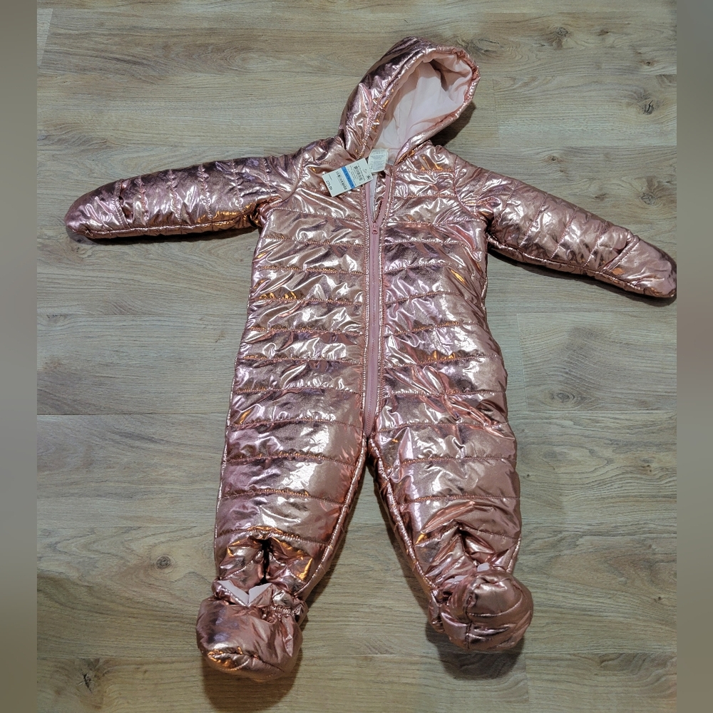 NWT Shiny Rose Gold Baby Infant Hooded Snowsuit With Detachable Boots 24M